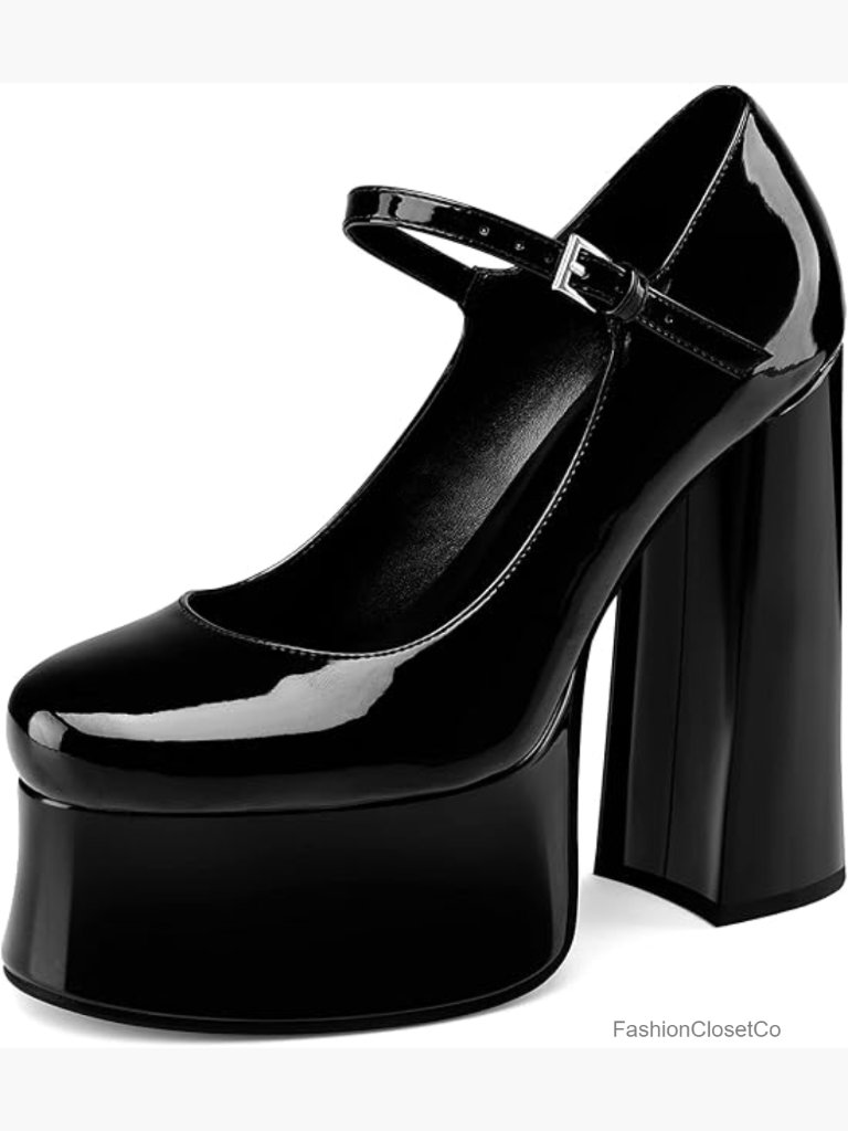 Patent Leather Chunky High Heels Mary Jane Pumps Platform Ankle Strap